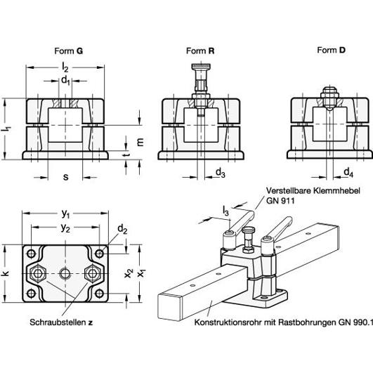 Otto Ganter - Flansch-Rastschlitten, Aluminium (G mit Gewinde, V 25, SW, 0.247 kg, RoHs Ja)